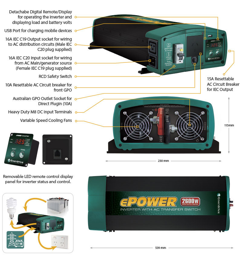 ePower 2600W 12V True Sine Wave Inverter with AC Transfer & Safety Switch Features