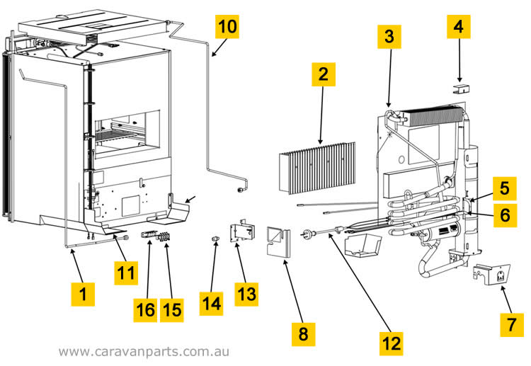 Spare Parts Diagram: Thetford N304M Fridge - Cabinet Area (Rear View)