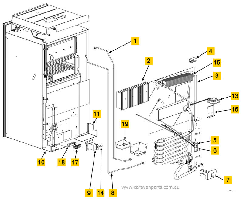 Spare Parts Diagram: Thetford N404M Fridge - Cabinet Area (Rear View)