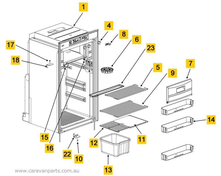 Spare Parts Diagram: Thetford N404M Fridge - Cabinet Area (Front View)