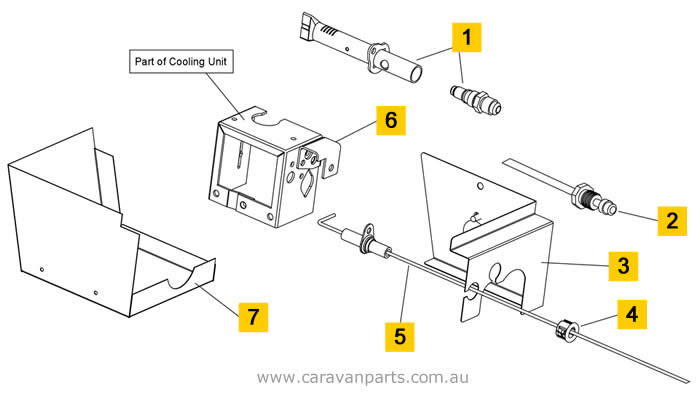 Spare Parts Diagram: Thetford N304M Fridge (Burner Assembly Area)