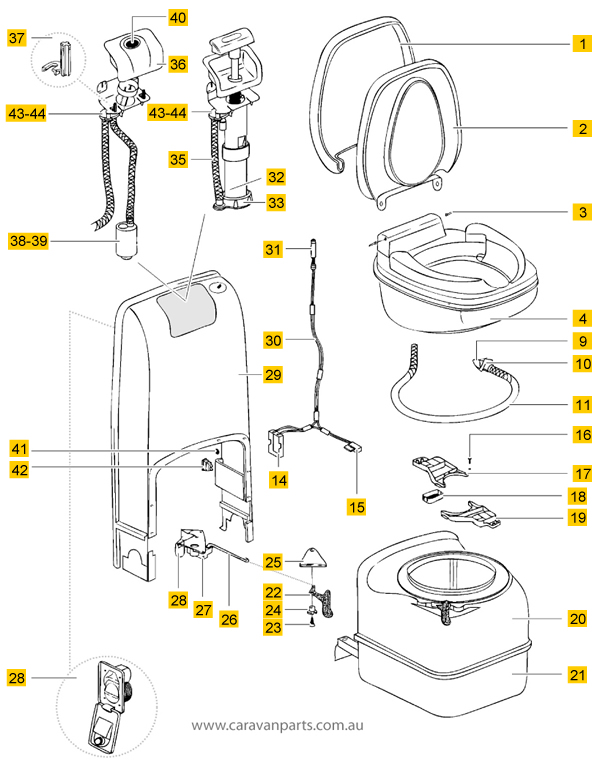 Thetford C200CW/CWE Cassette Toilet Spare Parts Diagrams