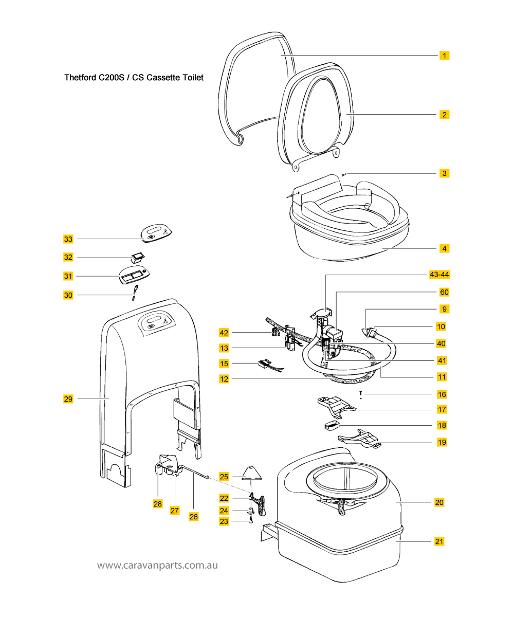Thetford C200S/CS Cassette Toilet Spare Parts Diagram