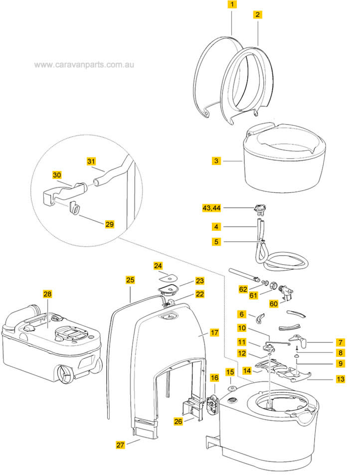 Spare Parts Diagram: Thetford C223C Cassette Toilet