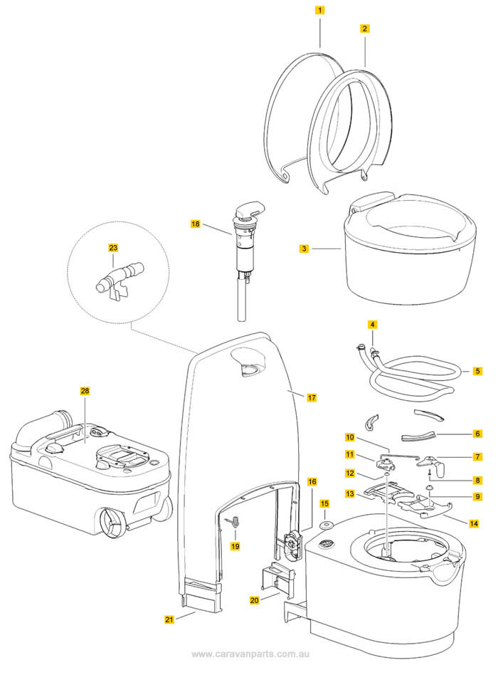 Spare Parts Diagram: Thetford C224CW Cassette Toilet