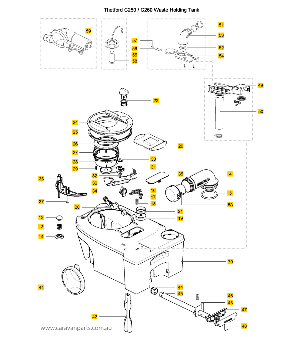Thetford C250 C260 Waste Holding Tank Spare Parts Diagram