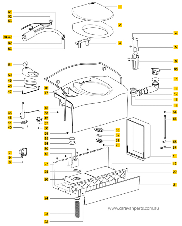 Thetford C402C / X Cassette Toilet Spare Parts Diagram