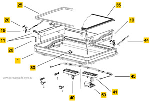 Spare Parts Diagram: Dometic Midi Heki Roof Hatch with Crank - External Frame